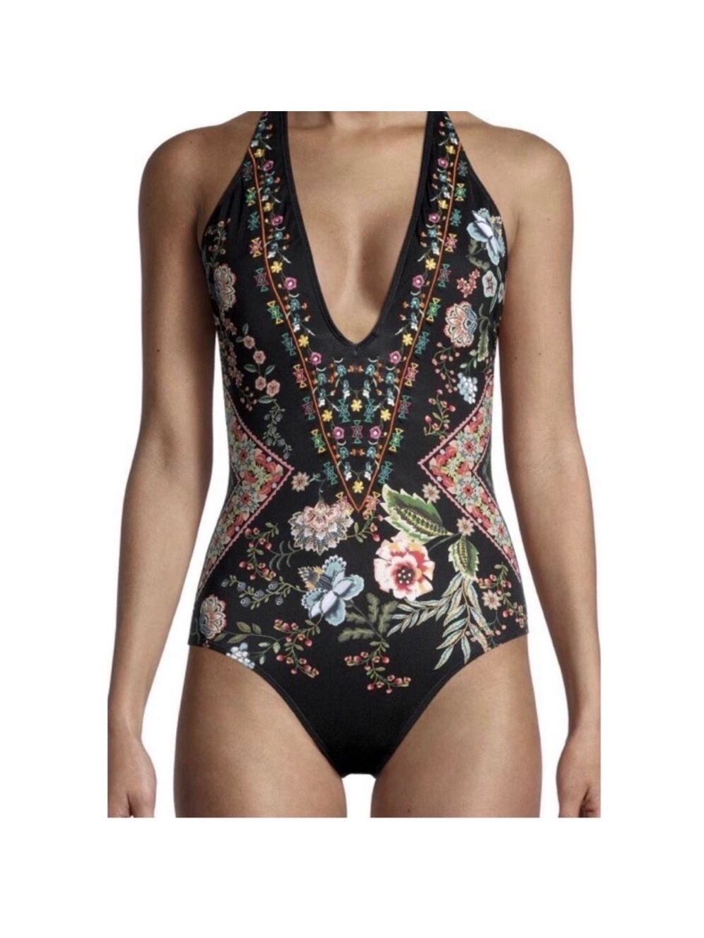 Black Johnny Was Floral Halter Ardem embroidered XL One-Piece Swimsuit